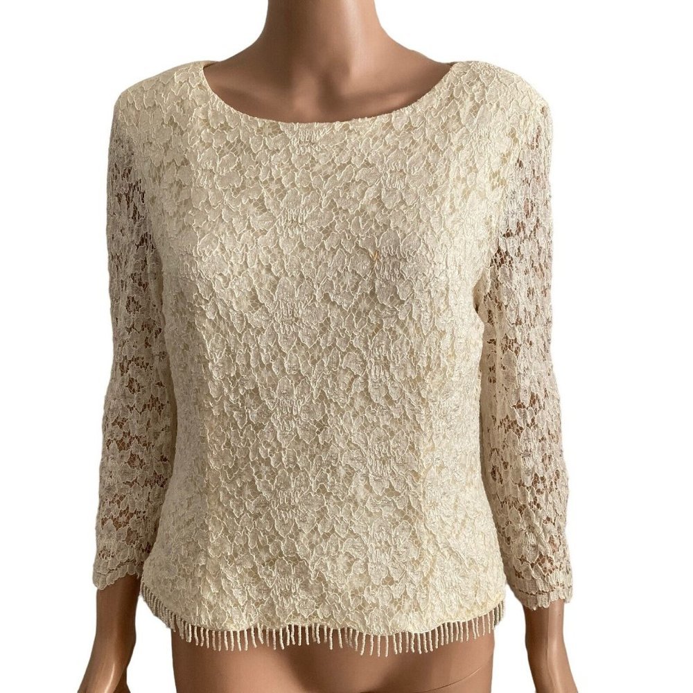 Vintage David Warren NY Blouse Womens 14 Lace Beaded Hem